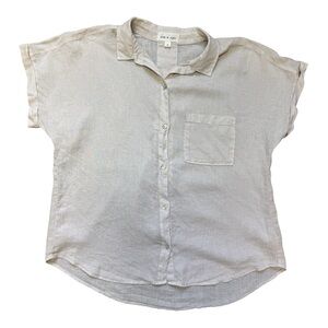100% Linen Cloth & Stone Button-Up Short Sleeve Top Size M Oatmeal Beige